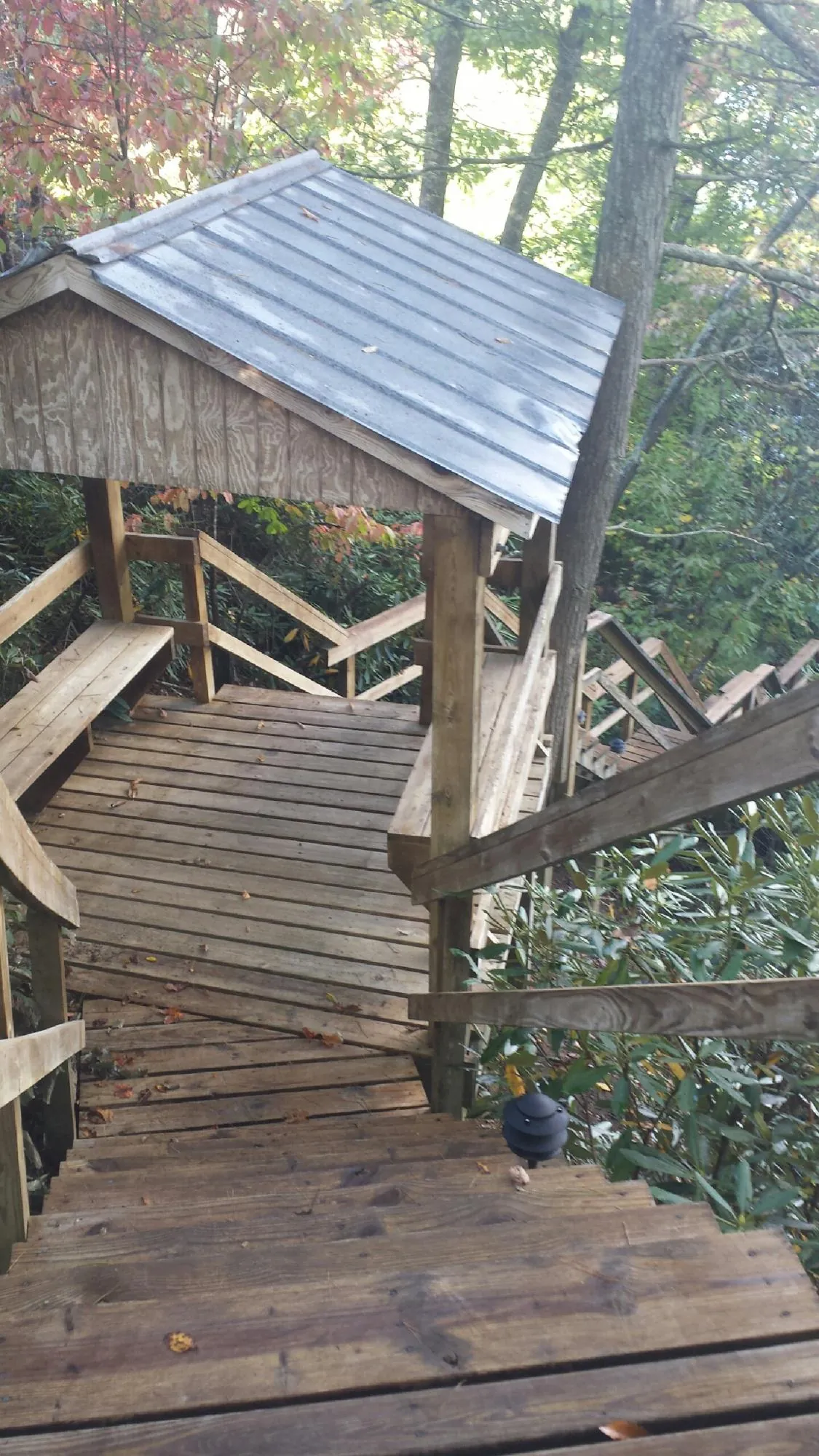 Metal roofed shelter over wooden steps on a wooded walkway — Skylight Repair & Installation work by our crew in Luna Pier